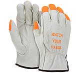 Image of MCR Safety Leather Drivers Work Gloves, CV Grade Grain Pigskin, Fingertips and Watch Your Hands Logo, Keystone Thumb