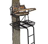 Image of Muddy Prestige 2-Man Ladderstand, Ratchet Strap, Stabilizer Straps, 2-Full Body Arrest Harnesses, Adjustable Support Bar, Padded, Adjustable, Flip-Back Shooting Rail, Black/Camo