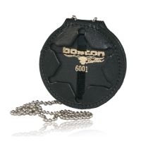 Boston Leather Small Deluxe Circle Badge Holder With Neck Chain And Pouch