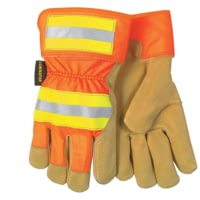 MCR Safety Luminator Grain Pigskin Leather Palm Work Gloves, Hi-Vis Back and 2.5in Safety Cuff, Fleece Lined Palm