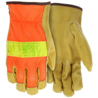 MCR Safety Luminator Hi-Vis Leather Drivers Work Gloves, Premium Grade Grain Pigskin with Mesh Back, Reflective Stripe