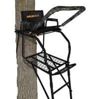 Muddy Huntsman Ladderstand, 1-1in Ratchet Strap, Stabilizer Straps, Adjustable Support Bar, Full Body Arrest Harness, Adjustable Padded Shooting Rail that flips back, Black/Camo