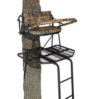 Muddy Prestige 2-Man Ladderstand, Ratchet Strap, Stabilizer Straps, 2-Full Body Arrest Harnesses, Adjustable Support Bar, Padded, Adjustable, Flip-Back Shooting Rail, Black/Camo