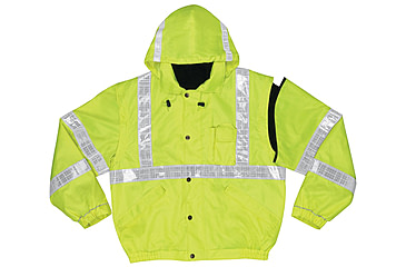 Image of MCR Safety Luminator Reversible Bomber Jacket, PU/Cotton Poly,ANSI Class 3, Attached Hide-Away Hood, Fluorescent Lime, XL, BRCL3LXL