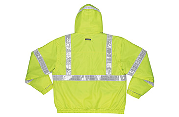 Image of MCR Safety Luminator Reversible Bomber Jacket, PU/Cotton Poly,ANSI Class 3, Attached Hide-Away Hood, Fluorescent Lime, XL, BRCL3LXL