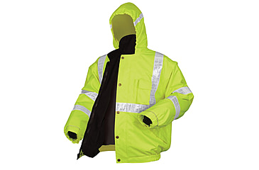 Image of MCR Safety Luminator Reversible Bomber Jacket, PU/Cotton Poly,ANSI Class 3, Attached Hide-Away Hood, Fluorescent Lime, XL, BRCL3LXL
