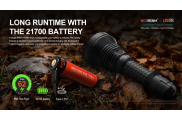Image of Acebeam L19 2.0 Long Range Flashlight, 21700 Li-Ion Battery, 2200 Lumen, Black, 163.8x60x25.4mm, L19 2.0 White SFT40