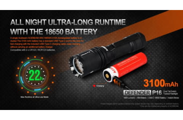 Image of Acebeam Tactical Defender P16 Flashlights, Li-Ion Battery, 1800 Lumens, Tail-Dual Switch, Black, P16