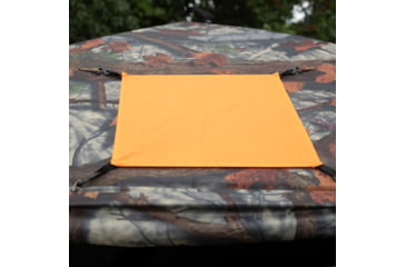 Image of Barronett Blinds Tag Out Hub Hunting Blind with blaze orange safety panels, Bloodtrail Woodland, 3-Person, TA350BT