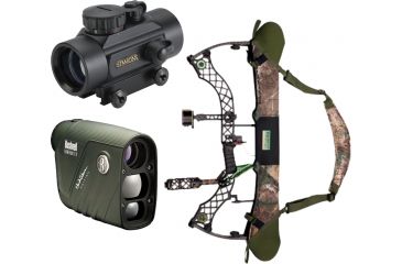 Image of Bushnell Archery Kit w/ Bushnell 4x20 Chuck Adams BowHunter Laser Range Finder, Simmons 1x30 Crossbow Scope and Primos Hunting Neoprene Bow Sling