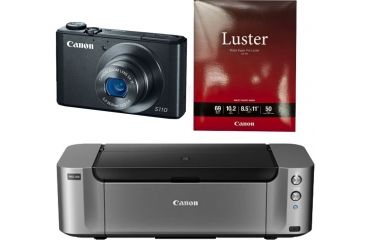 Image of Canon PowerShot S110 Digital Camera, Black 6351B001 with Canon LU-101 Pro Luster Letter Size Paper 50 Pack 6211B004 and Canon PIXMA PRO-100 Photo Inkjet Printer, Black 6228B002