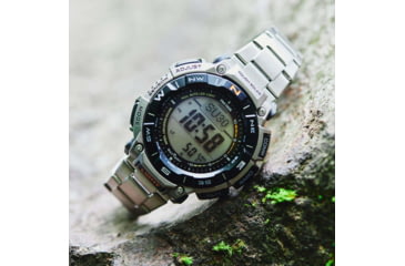 Image of Casio Outdoor Casio Pro Trek Solar Watch Triple Sensor Watching Featuring an Altimeter, Barometer, Digital Compass, Thermometer and 100M WR Titanium Band - Mens, Silver, One Size, PRG340T-7