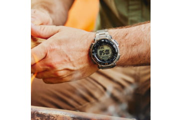 Image of Casio Outdoor Casio Pro Trek Solar Watch Triple Sensor Watching Featuring an Altimeter, Barometer, Digital Compass, Thermometer and 100M WR Titanium Band - Mens, Silver, One Size, PRG340T-7