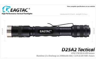 Image of EAGTAC D25A2 Tactical Flashlight, XM-L2 U2 NW LED, 470lm, Black, D25A2-TACTICAL-XML2-NW