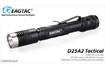 Image of EAGTAC D25A2 Tactical Flashlight, XM-L2 U2 NW LED, 470lm, Black, D25A2-TACTICAL-XML2-NW