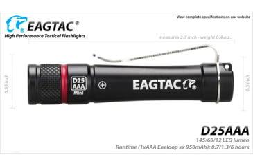 Image of EAGTAC D25AAA RED/BLUE/GRAY/GOLDED Flashlight, Nichia 219B LED, 115lm, Black, D25AAA-219B-NW