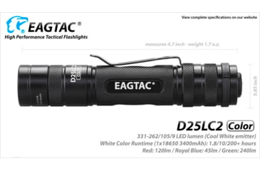 Image of Eagtac D25LC2 Color Flashlight, XM-L COLOR LED, White-331lm, Red-120lm, Royal blue-45lm, Green-240lm, Black, D25LC2-XML-COLOR