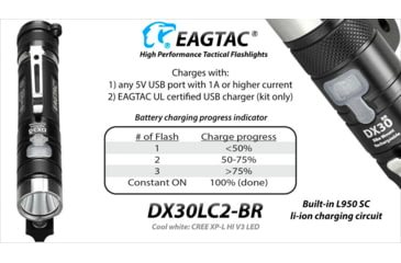 Image of EAGTAC DX30LC2-BR Rechargeable Flashlight Kit, XP-L HI V2 NW LED, 1084lm, Black, DX30LC2BR-XPLHI-KIT-NW