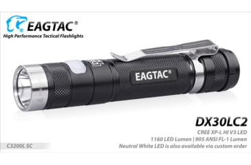 Image of EAGTAC DX30LC2 Side Switch Forward Clicky Flashlight, XP-L HI V2 NW LED, 1084lm, Black, DX30LC2-XPLHI-NW