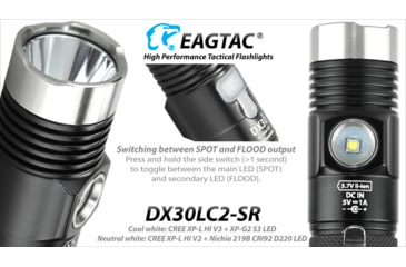 Image of EAGTAC DX30LC2-SR Side-LED Rechargeable Flashlight Kit, Spot XP-L HI V2 NW w/ Flood Nichia 219B CRI92 5700K LED, 1080lm/390lm, Black, DX30LC2SR-XPLHINW-SIDE219B-KIT