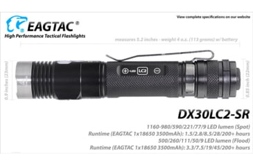 Image of EAGTAC DX30LC2-SR Side-LED Rechargeable Flashlight Kit, Spot XP-L HI V2 NW w/ Flood Nichia 219B CRI92 5700K LED, 1080lm/390lm, Black, DX30LC2SR-XPLHINW-SIDE219B-KIT
