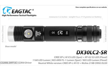 Image of EAGTAC DX30LC2-SR Side-LED Rechargeable Flashlight Kit, Spot XP-L HI V2 NW w/ Flood Nichia 219B CRI92 5700K LED, 1080lm/390lm, Black, DX30LC2SR-XPLHINW-SIDE219B-KIT