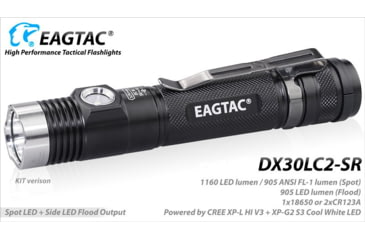 Image of EAGTAC DX30LC2-SR Side-LED Rechargeable Flashlight Kit, Spot XP-L HI V2 NW w/ Flood Nichia 219B CRI92 5700K LED, 1080lm/390lm, Black, DX30LC2SR-XPLHINW-SIDE219B-KIT