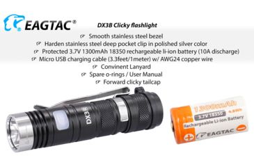 Image of EAGTAC DX3B Clicky Rechargeable XHP50.2 LED 2500 Lumen LED Flashlight, Black, Small 4249