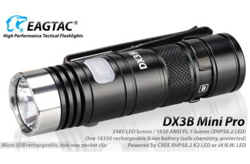 Image of EAGTAC DX3B Mini Pro Flashlight, XHP50.2 CW LED, 2480lm, Black, DX3BM-XHP502-PRO-CW