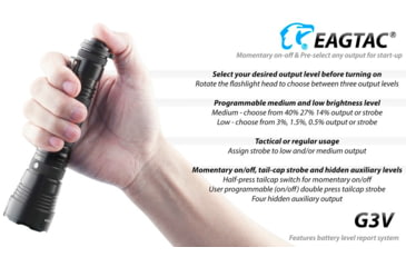Image of EAGTAC G3V XHP70.2 Flashlight, 21700 5000mAh li-ion, NW LED, 2990 Lumen, Black, G3V-XHP702-NW