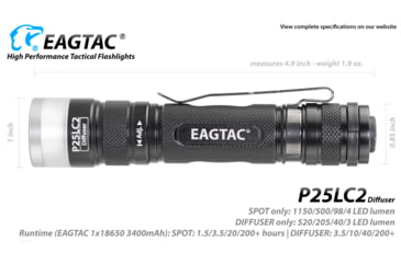 Image of EAGTAC P25LC2 Diffuser Flashlight, XM-L2 U2 NW w/ LEDarray LED, 1150lm w/ 475lm, Black, P25LC2-Diffuser-XML2-NW