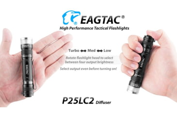 Image of EAGTAC P25LC2 Diffuser Flashlight, XM-L2 U2 NW w/ LEDarray LED, 1150lm w/ 475lm, Black, P25LC2-Diffuser-XML2-NW