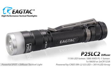Image of EAGTAC P25LC2 Diffuser Flashlight, XM-L2 U2 NW w/ LEDarray LED, 1150lm w/ 475lm, Black, P25LC2-Diffuser-XML2-NW