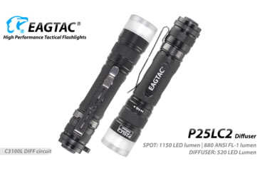 Image of EAGTAC P25LC2 Diffuser Flashlight, XM-L2 U2 NW w/ LEDarray LED, 1150lm w/ 475lm, Black, P25LC2-Diffuser-XML2-NW