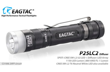 Image of EAGTAC P25LC2 Diffuser Flashlight, XM-L2 U2 NW w/ LEDarray LED, 1150lm w/ 475lm, Black, P25LC2-Diffuser-XML2-NW