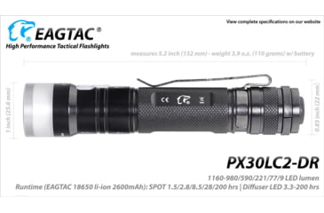 Image of EAGTAC PX30LC2-DR Flashlight, 219Ccri92 w/ LEDarray LED, 800lm w/ 550lm, Black, PX30LC2-Diffuser-219C-NW