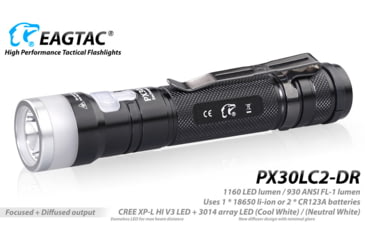 Image of EAGTAC PX30LC2-DR Flashlight, 219Ccri92 w/ LEDarray LED, 800lm w/ 550lm, Black, PX30LC2-Diffuser-219C-NW