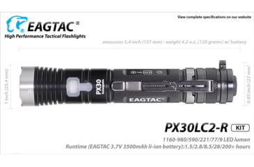 Image of EAGTAC PX30LC2-R Base Flashlight, Nichia 219C CRI92 4000K LED, 800lm, Black, PX30LC2R-219C-BASE-NW