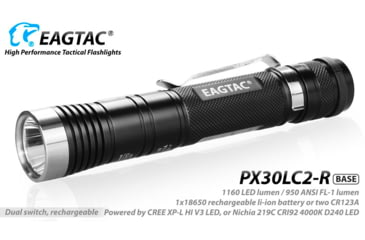 Image of EAGTAC PX30LC2-R Base Flashlight, Nichia 219C CRI92 4000K LED, 800lm, Black, PX30LC2R-219C-BASE-NW