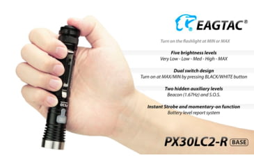 Image of EAGTAC PX30LC2-R Base Flashlight, Nichia 219C CRI92 4000K LED, 800lm, Black, PX30LC2R-219C-BASE-NW