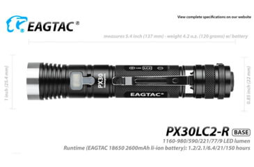 Image of EAGTAC PX30LC2-R Base Flashlight, Nichia 219C CRI92 4000K LED, 800lm, Black, PX30LC2R-219C-BASE-NW
