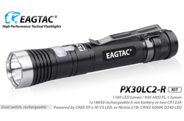 Image of EAGTAC PX30LC2-R Base Flashlight, Nichia 219C CRI92 4000K LED, 800lm, Black, PX30LC2R-219C-BASE-NW