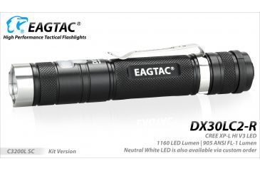 Image of Eagtac Rechargeable DX30LC2-R XPL HI 1160 Lumens LED Flashlight, Black, Medium, DX30LC2RXPLHI