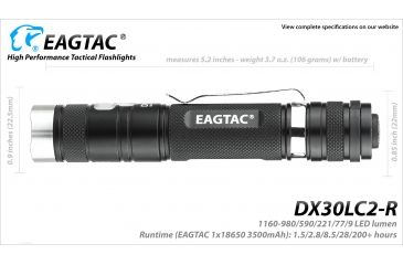 Image of Eagtac Rechargeable DX30LC2-R XPL HI 1160 Lumens LED Flashlight, Black, Medium, DX30LC2RXPLHI