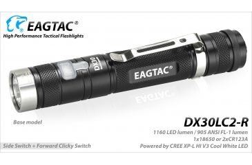 Image of Eagtac Rechargeable DX30LC2-R XPL HI 1160 Lumens LED Flashlight, Black, Medium, DX30LC2RXPLHI