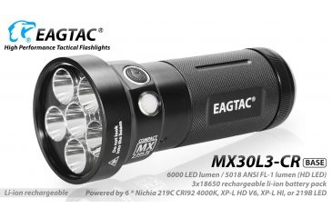 Image of Eagtac Rechargeable MX30L3C-R 6219C 4000K LED Flashlight, Black, Medium, MX30L3CR6*219C