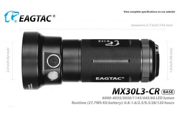 Image of Eagtac Rechargeable MX30L3C-R 6219C 4000K LED Flashlight, Black, Medium, MX30L3CR6*219C