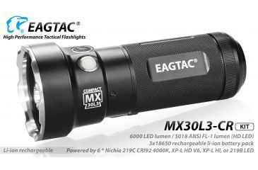 Image of Eagtac Rechargeable MX30L3C-R 6219C 4000K LED Flashlight Kit, Black, Medium, MX30L3CR6*219CKIT