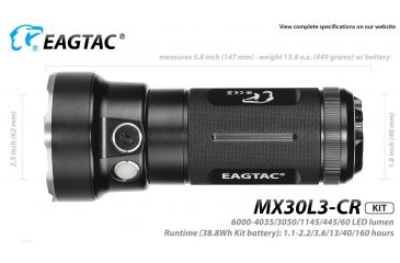 Image of Eagtac Rechargeable MX30L3C-R 6219C 4000K LED Flashlight Kit, Black, Medium, MX30L3CR6*219CKIT