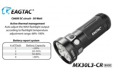 Image of Eagtac Rechargeable MX30L3C-R 6XPL HI 5250 Lumens LED Flashlight, Black, Medium, MX30L3CR6*XPLHI